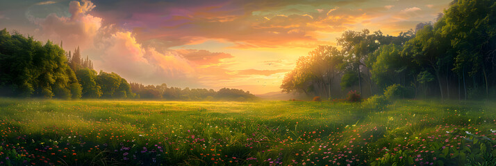 Breathtaking Sunset Meadow: Tranquil Scene of Lush Greenery and Vibrant Wildflowers Under a Colorful Sky