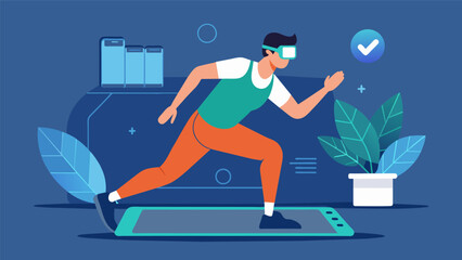 A solo fitness enthusiast follows a virtual trainer who guides them through a series of bodyweight exercises using AR technology.. Vector illustration