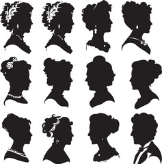 Black silhouette set of cameo man and woman on white background	
