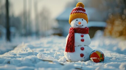 Snowman adorned with traditional winter features standing outside on a winter day Impression of winter snow and youth Limited depth of field