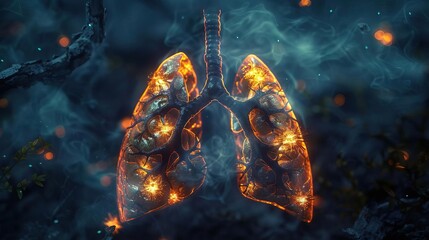Surreal artistic interpretation of human lungs with patches of neon orange representing a virus