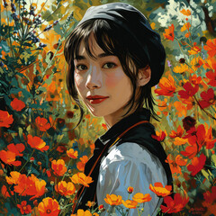 a woman with long hair and a flower in her hair