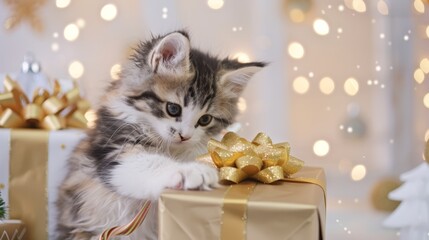 Photo of a fluffy kitten with a golden bow on a gift box, set against a background of warm holiday...