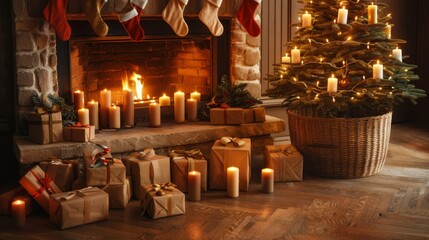 Photo of a warm Christmas scene with a fireplace, stockings, wrapped gifts, and candles, creating a cozy holiday atmosphere.