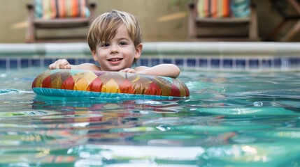 Photo of a young child in a rainbow inflatable ring enjoying a swim in a backyard pool. The image is vibrant and captures the joy of summer.