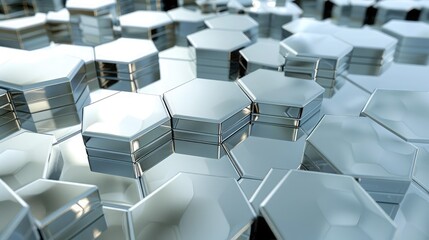 Infinite reflections and a sense of depth showcased by silver hexagons on a reflective surface.