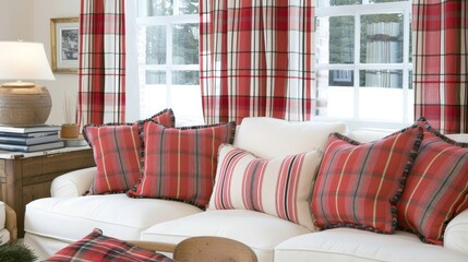 Photo of a cozy living room with white furniture, red plaid curtains, and matching pillows, featuring a vase with flowers on a side table.