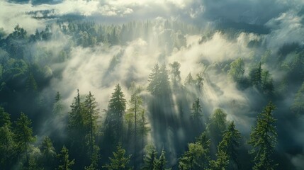 Misty forest with clouds and fog above pine trees and distant horizon featuring rays of light