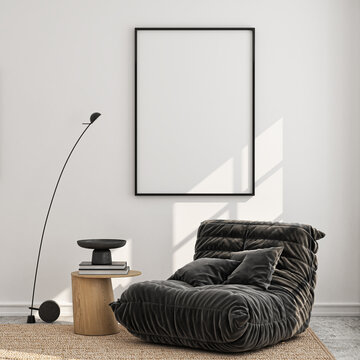 Frame mockup, ISO A paper size. Living room wall poster mockup. Interior mockup with house background. Modern interior design. 3D render
