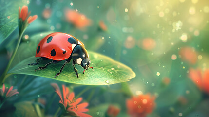 watercolor art on green abstract space for text Ladybird on green leaf of currant in summer Henosepilachna vigintioctopunctata species of horn beetle or called red  lady bug resting on a leaf 