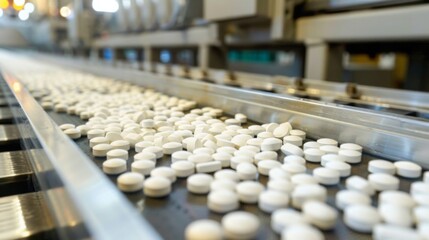 A conveyor belt moving lots of white pills in a factory setting.