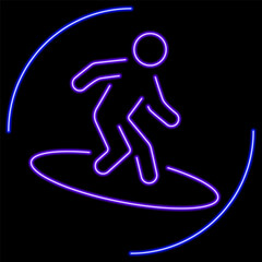 surfing neon sign, modern glowing banner design, colorful modern design trend on black background. Vector illustration.