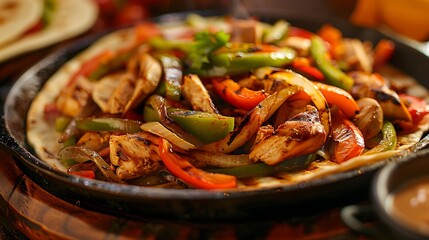 A sizzling plate of fajitas with grilled chicken, onions, and bell peppers, served with warm tortillas.