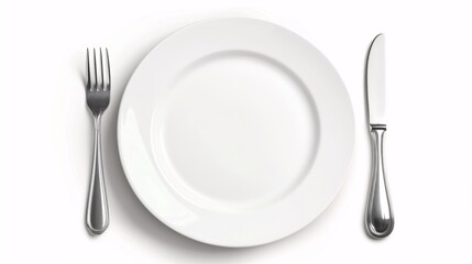 Empty plate, fork, knife, clipping path, cutlery isolated on white background