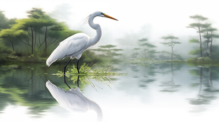 Naklejka premium Double Exposure, White Background, Egret (casmerodius albus) illustration ~ Created using Generative AI