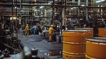 The factory floor is a busy bustling scene as workers diligently work to keep up with the demand for gasoline production.