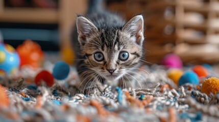 A kitten is standing on a rug with colorful balls.
