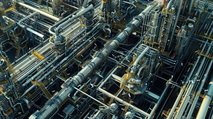 Fototapeta premium Abstract industrial complex with intricate network of pipes and machinery. Futuristic and abstract, ideal for science fiction and technology concepts.