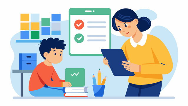 A parent is tracking their childs progress on a homework help app with detailed reports and suggestions for improvement.. Vector illustration