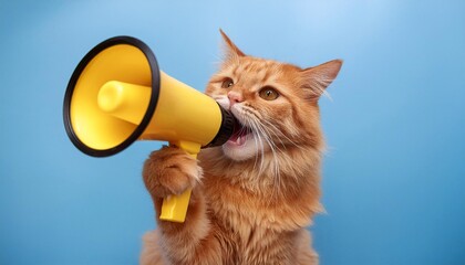 A funny red cat holding a yellow loudspeaker in its paws, screaming against a blue background. Business and management concept. Increase traffic, advertising, and attention.