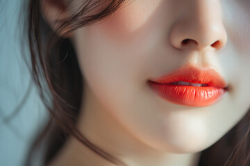 Asian Young female lips, the teen style lipgloss color is light red , the feeling of smiling with love in confidence