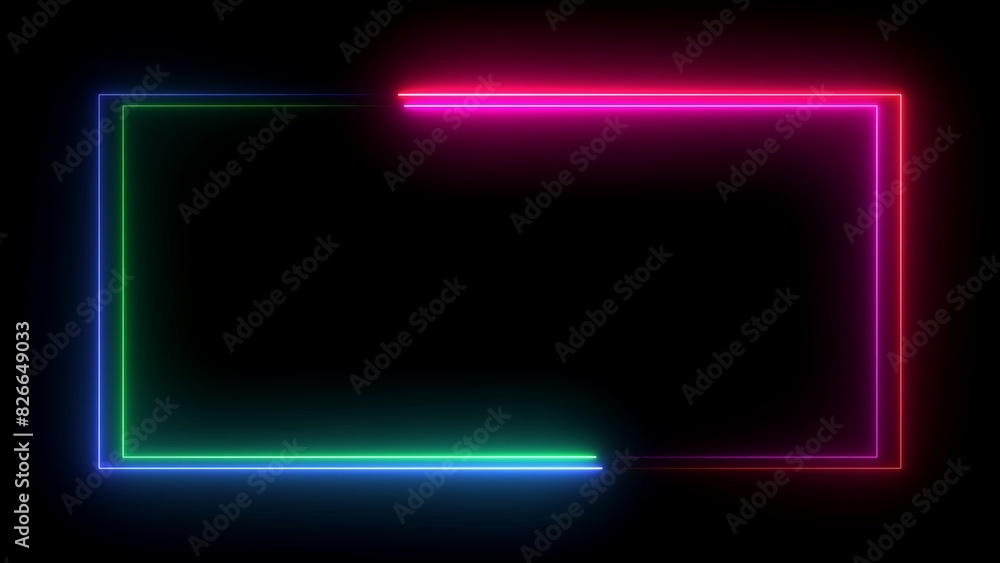 Poster square rectangle picture frame with two tone neon color on isolated black background.