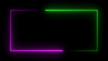 Square rectangle picture frame with two tone neon color on isolated black background.