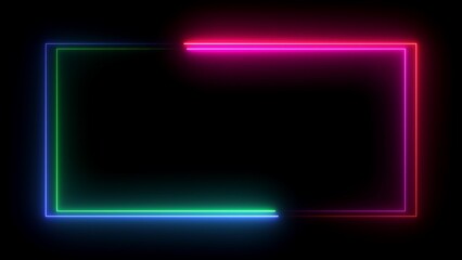 Square rectangle picture frame with two tone neon color on isolated black background.