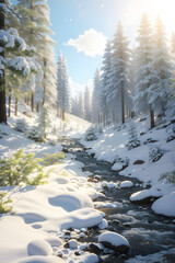 Stunning view of winter landscape wallpaper in forest creek filled with snow