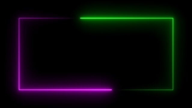 Square rectangle picture frame with two tone neon color on isolated black background.