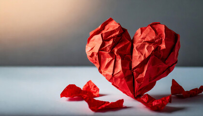 Crumpled red paper heart, symbolic of love lost or heartache