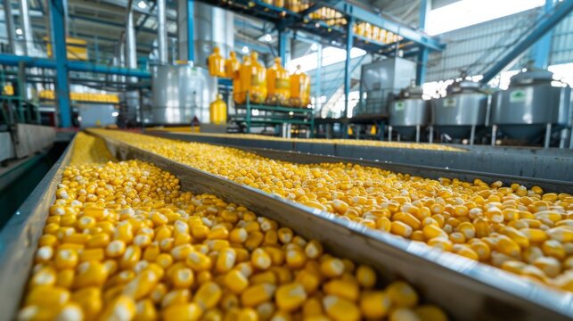 Freshly harvested corn moves along conveyor belts in a large, well-lit processing facility during the day.