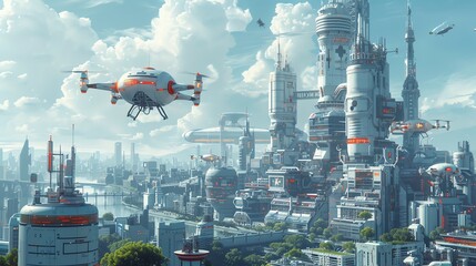 Obraz premium Futuristic cityscape with advanced skyscrapers, flying drones, and modern architecture under a bright blue sky, depicting a sci-fi urban setting.