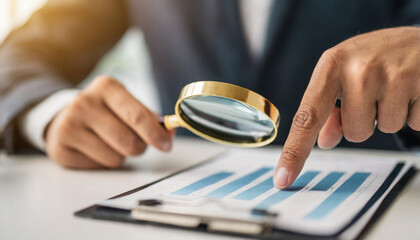 hand pointing at a document while holding a magnifying glass, symbolizing business scrutiny, detailed investigation, and thorough audit in a corporate or financial context