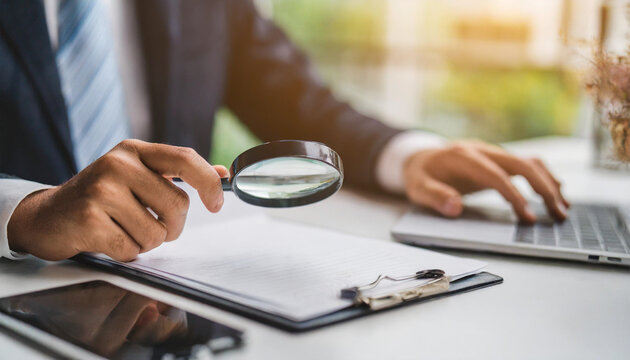 hand pointing at a document while holding a magnifying glass, symbolizing business scrutiny, detailed investigation, and thorough audit in a corporate or financial context