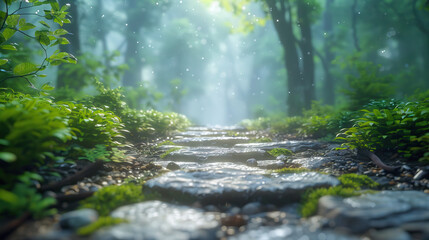 nature or forest empty mockup blur green leaf tropical forest plant background.beauty cosmetic healthy natural product placement pedestal display,spring or summer jungle paradise concept.