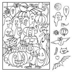 Halloween. Find and color hidden objects in the picture. Witches, ghosts, bats, spiders, pumpkins on a night of celebration. Coloring page. Hand drawn vector illustration