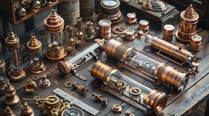 Vintage steampunk machinery on a rustic table. Intricate brass components and gears showcase retrofuturistic designs and mechanical artistry.