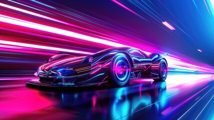 Racing car posters. Car race banner. close up futuristic car with high fast and speed neon city background, car on track with glowing light, night scene neon