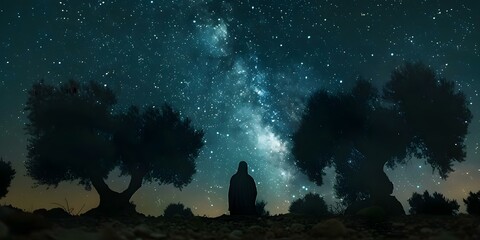 Religious figure in contemplation amidst olive trees under starlit night sky. Concept Religious Figure, Contemplation, Olive Trees, Starlit Night Sky