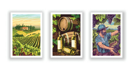 Vineyard Landscape and Winery Field with Villa Farmhouse. Hand Drawn Vector Illustration Poster Featuring Wine Cellar with Wooden Barrels, White Wine Bottle, and Man Harvesting Grapes