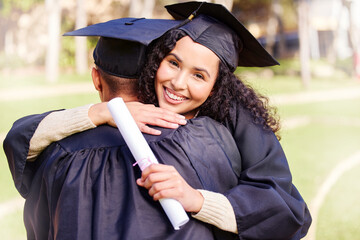 Woman, portrait and happy on hug for graduation with certificate on campus, celebration and...