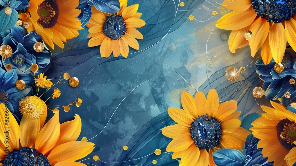 Poster Bright floral vintage card featuring yellow sunflowers and textured blues.