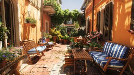 Obraz premium Photo of a charming outdoor café with wooden tables and chairs, surrounded by vibrant flowers and greenery, creating a cozy and inviting atmosphere.