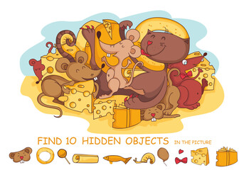 Find hidden objects in the picture. Funny cat and rats among cheeses. Hidden object puzzle game for kids. Sketch vector illustration of cute cartoon characters.