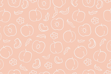 Peaches with leaves and blossoms seamless pattern. Hand drawn simple wallpaper with fruits on soft pink background. Simple line art vector design for textiles, wallpapers, and prints.