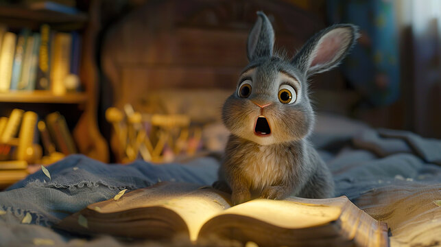 a cute grey bunny surprised expression with a book open in front of the rabbit , 