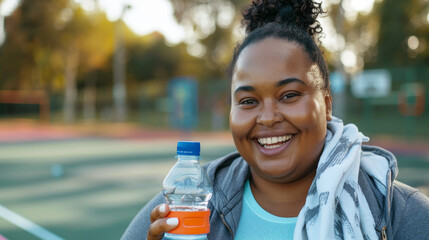 Smiling woman holding water bottle, wearing athletic wear, standing on a tennis court in the afternoon sunlight. - Powered by Adobe