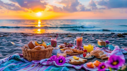 Photo of a beach picnic at sunset with a variety of foods and drinks set on a blanket by the shore, featuring a beautiful ocean view and colorful sky. - Powered by Adobe