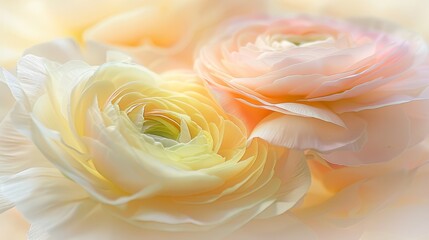 Vibrant close-up of multicolored ranunculus flowers, showcasing their delicate layers of petals in shades of pink, peach, and yellow.